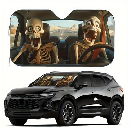 Car Windshield Sunshade Skull Pattern UV Blocking – Front Window Sun Shade with 4 Suction Cups Universal Fit Keeps Car Cool Skeleton Design