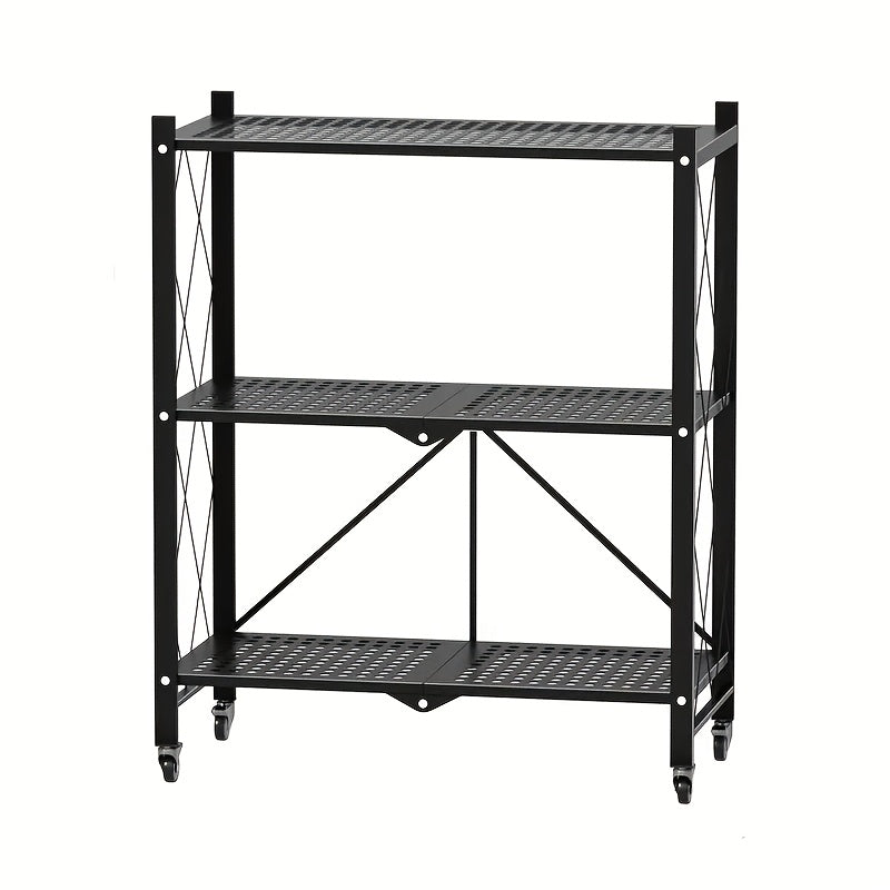 Storage Rack 3-5 Tier Foldable Shelving Unit with Wheels – Portable Multi-Layer Floor Standing Utility Shelf Organizer for Bedroom Closet
