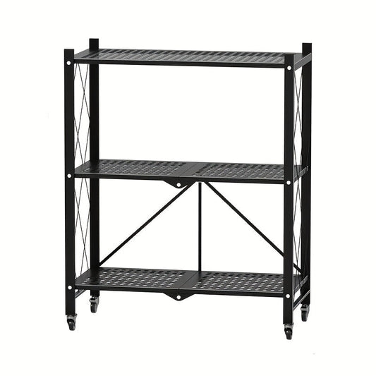 Storage Rack 3-5 Tier Foldable Shelving Unit with Wheels – Portable Multi-Layer Floor Standing Utility Shelf Organizer for Bedroom Closet