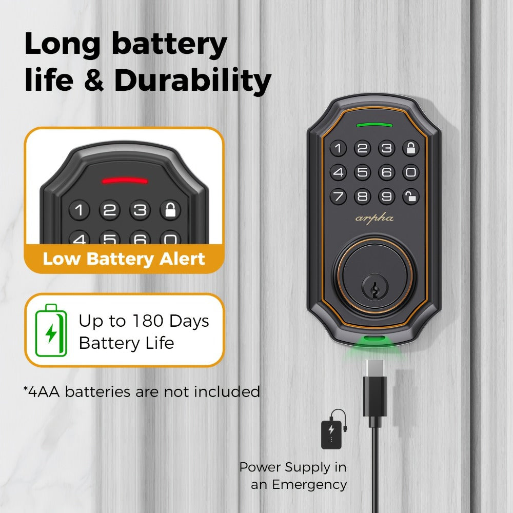 Smart Door Lock Arpha Keypad Deadbolt with Black Silver Handle Sets and Optional Fingerprint WiFi Versions