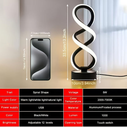 Spiral LED Table Lamp with Dimmable Push-Button Control, Modern Metal Base and Six Black or White Configuration Options