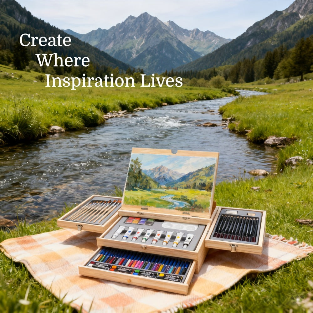 85-Piece Mixed-Media Art Set with Wooden Tabletop Easel, Paints, Pencils, Brushes and Paper Pads