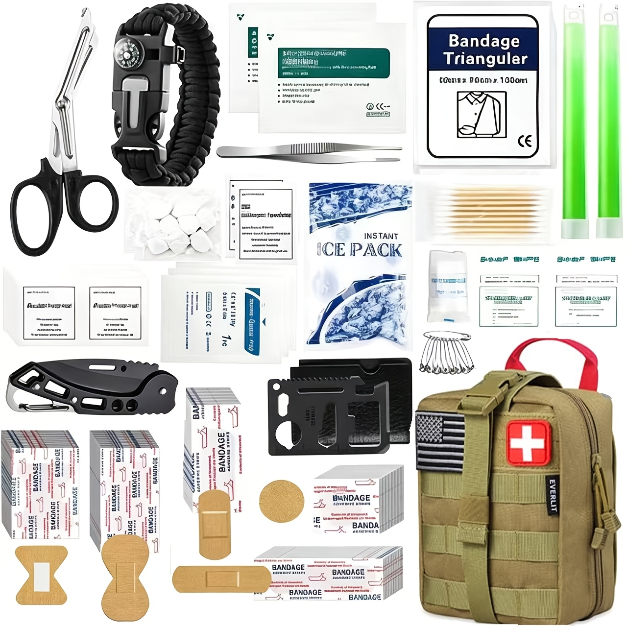 258-Piece Outdoor Tool and First Aid Supply Kit with Five Color-Labeled Molle Pouch Options