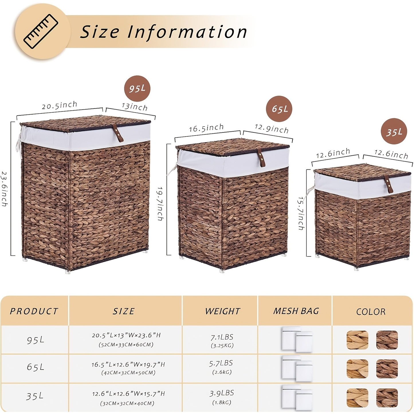 Laundry Basket with Lid & Handles – Handwoven Water Hyacinth Wicker Hamper, Removable Cotton Liner