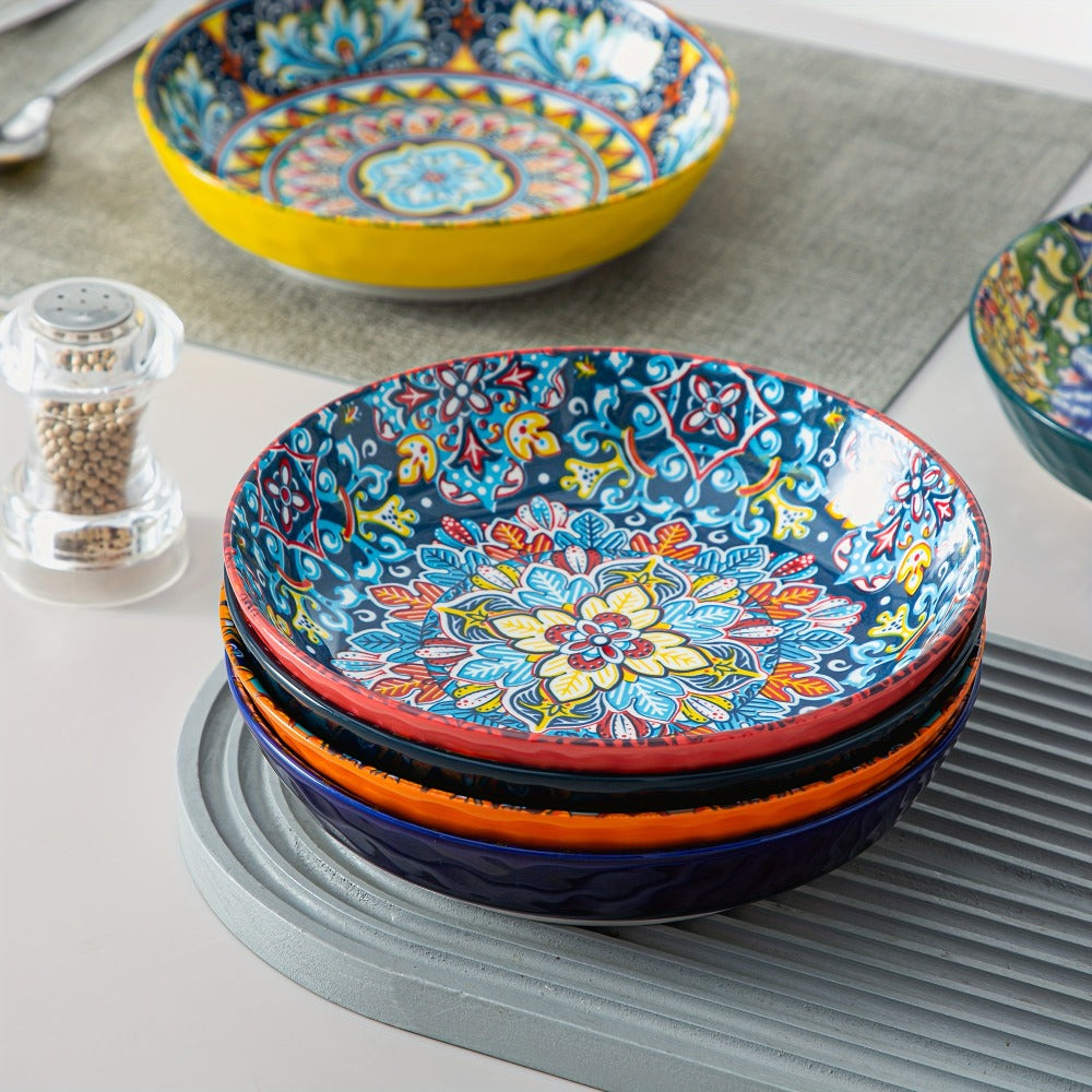 Bohemian Pasta Bowls Set of 6, 32 Oz Porcelain, Floral Pattern, Microwave &, VANCASSO for Entryways, Bedrooms and Living Spaces