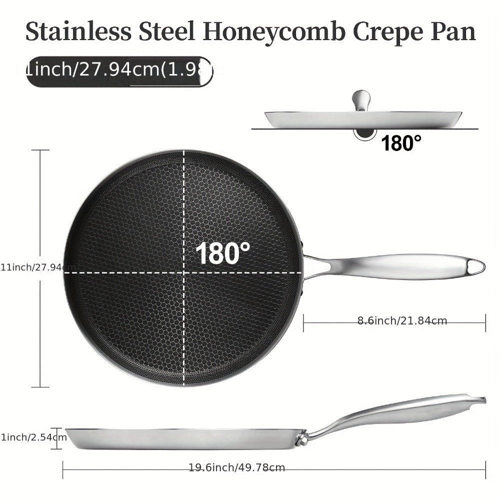 Stainless Steel Crepe Pan 11 Inch with Honeycomb Cooking Surface, Lid and Triple-Layer Base for Pancakes and Tortillas