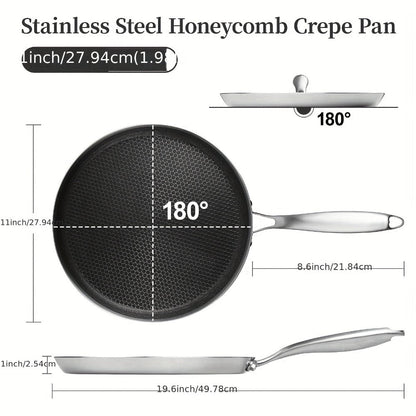 Stainless Steel Crepe Pan 11 Inch with Honeycomb Cooking Surface, Lid and Triple-Layer Base for Pancakes and Tortillas