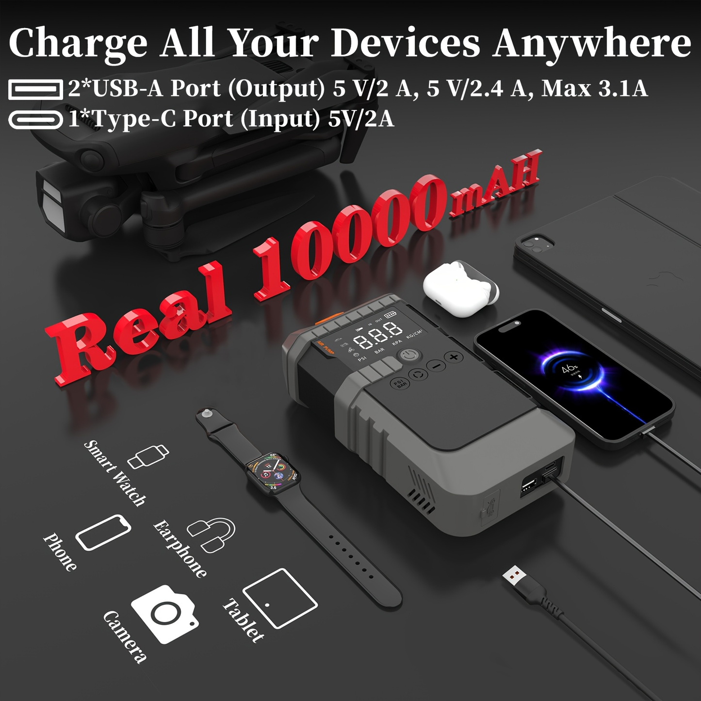 Jump Starter Power Bank 10000A 4-in-1 with 150 PSI Air Compressor LED Emergency Light USB Charging for Garden, Patio and Yard Use