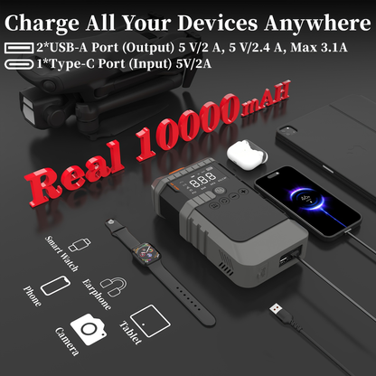 Jump Starter Power Bank 10000A 4-in-1 with 150 PSI Air Compressor LED Emergency Light USB Charging for Garden, Patio and Yard Use