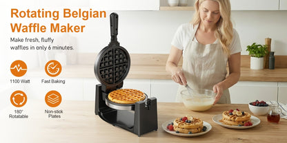 Belgian Waffle Maker 180° Rotating Flip Waffle Iron, Non-Stick Plates, Adjustable Browning Control, Removable Drip Tray, Cool Touch Handle