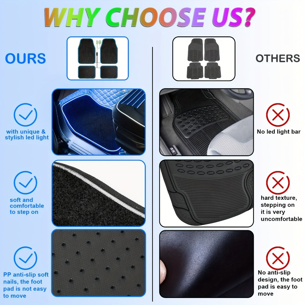 Edge-Lighted Car Floor Mats, Four-Piece Set with App-Controlled RGB Strip and Soft or PU Surface Options