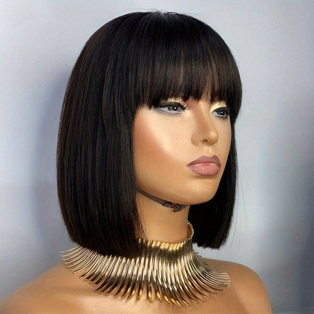 Straight Bob Human Hair Wig with Full Machine-Made Cap, Black Finish and Bangs, 8–16 Inch Options