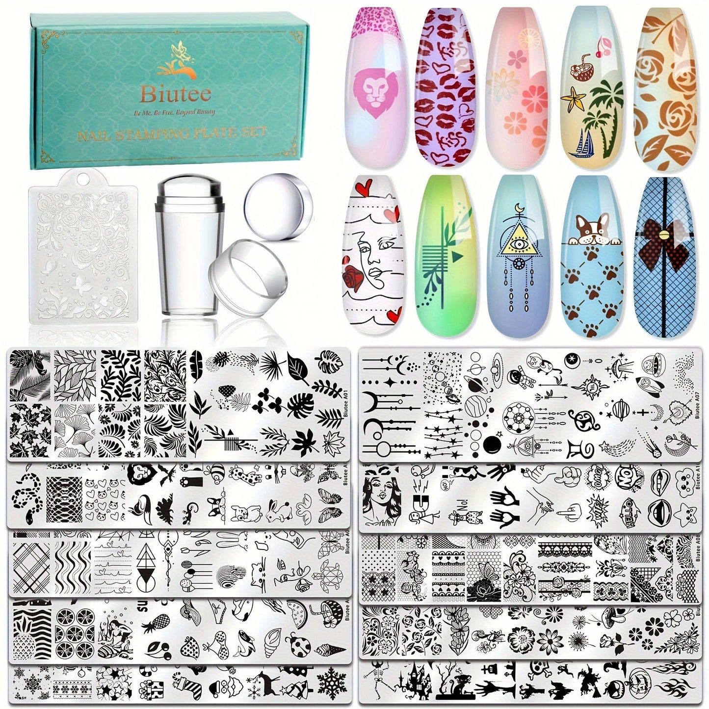 Nail Stamping Plates Set with Stamper & Scraper – Stainless Steel Nail Art Stamp Kit for Beginners & Pros