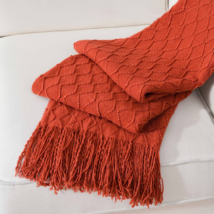 50 x 60-Inch Throw Blanket with Raised Geometric Texture, Tassel Fringe and Six Solid Color Options