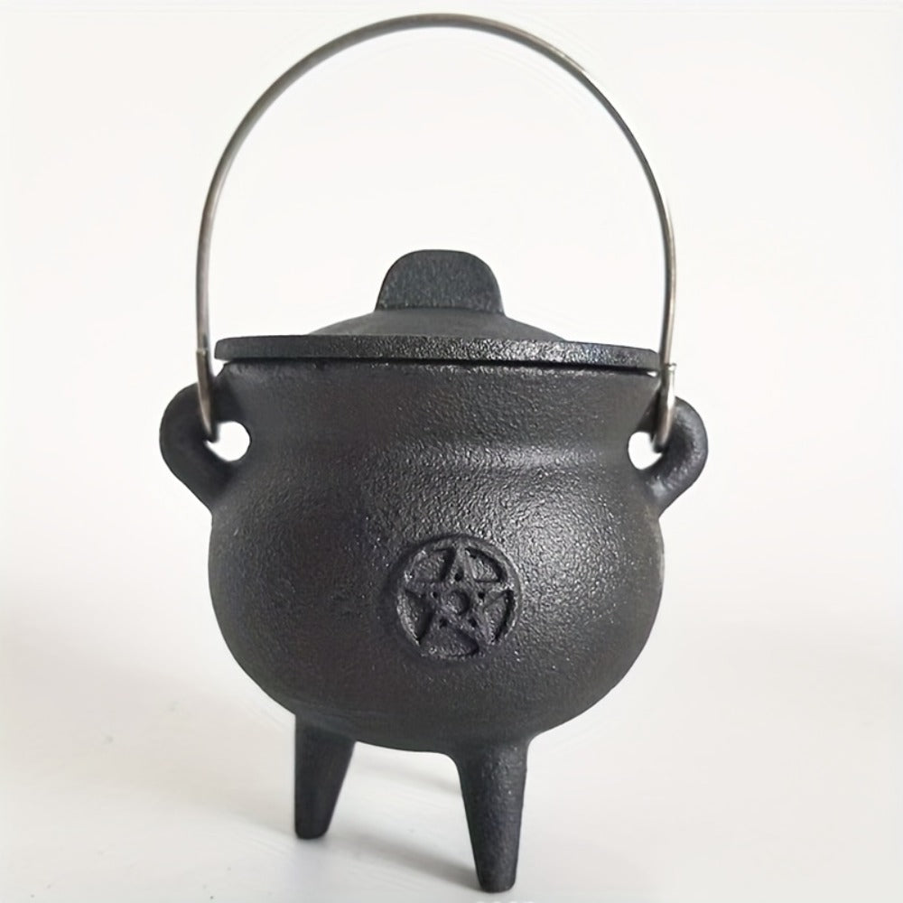 Cast Iron Cauldron with Lid & Handle, Witchcraft Incense Burner, Spell Ritual Pot, Halloween Decor