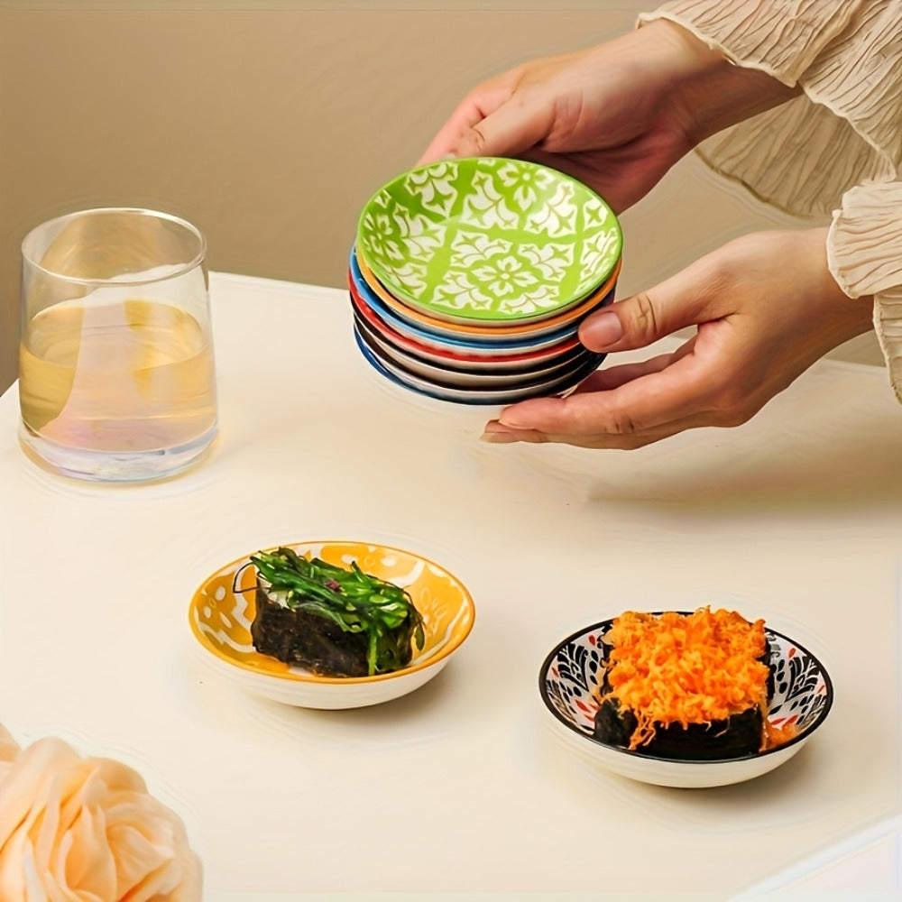 Ceramic Condiment Dish Set of 10, Bohemian Small Saucer Dipping Bowls for Soy Sauce, Vinegar & Spices