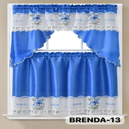 Kitchen Curtains 3 Piece Set Embroidered Satin Valance and Tiers – Rod Pocket Light Filtering Machine Washable 46 Colors