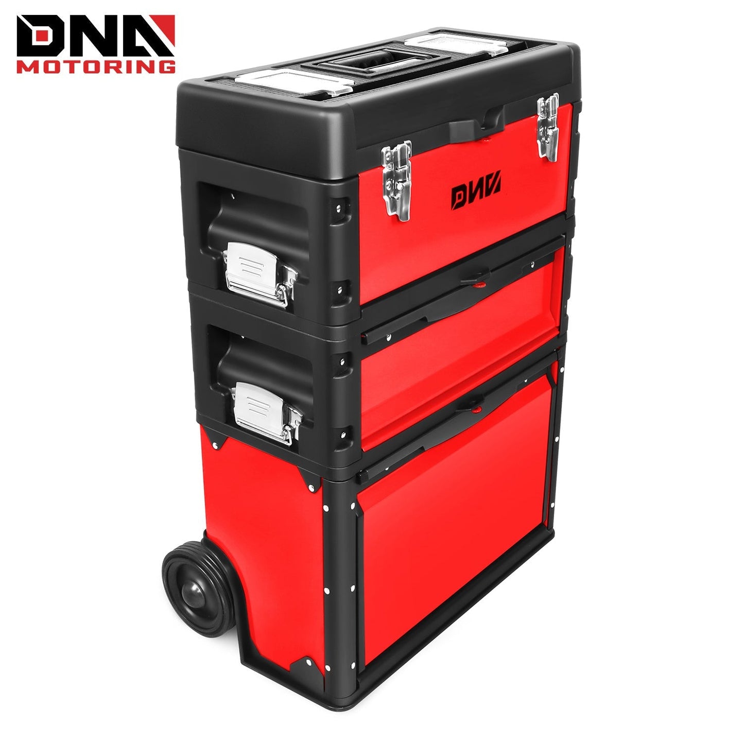 Rolling Tool Box 3-Tier Stackable Portable Toolbox with Wheels 19.5x12x28.5 Inch Steel PP 3-in-1 Detachable Compartments Metal Latches