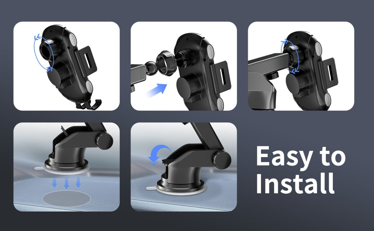 10W Auto-Sensing Car Phone Mount with Wireless Charging Clamp, Vent Clip and Suction-Style Base