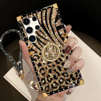 Leopard Print Samsung Galaxy Case Ring Holder Kickstand Anti-Drop Rectangular Cover for Galaxy S25 Ultra Plus S24 Ultra Plus FE S23 Ultra