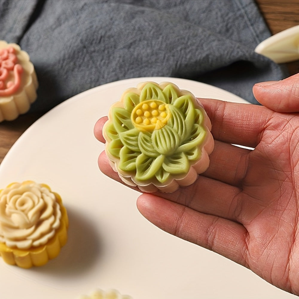 Mooncake Mold 7pcs Set, 50g Hand Press Moon Cake Maker with 6 Flower Pattern Stamps, Mid-Autumn Festival Cookie Stamp Pastry Tool