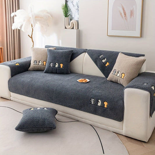 Sofa Cover Thick Plush Shearling Panels with Animal and Bone Embroidery and Backing Detail for 2 to 4 Seats