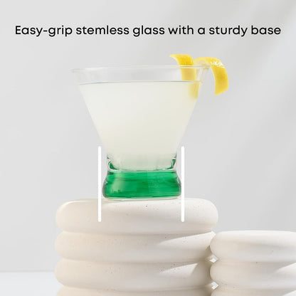 Stemless Martini Glasses Set of 6, 8oz Colored Cocktail Glasses, Margarita Bar Dessert Glassware with Gradient Color Base