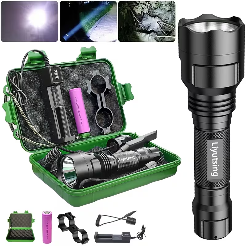 Flashlight Red, Green or White Hunting Light with Remote Switch, 18650 Battery and Mount Options