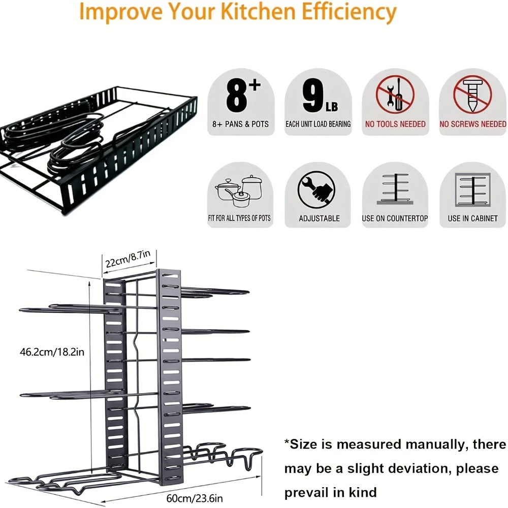 Eight-Tier Pot and Pan Organizer Rack in Black with Side Cookware and Lid Positions, One- or Two-Piece Sets