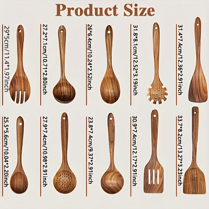 Wooden Kitchen Utensil Set 10 Piece – Nonstick Safe Cooking Spoons, Ergonomic Handle, Heat Resistant Wood Kitchen Tools