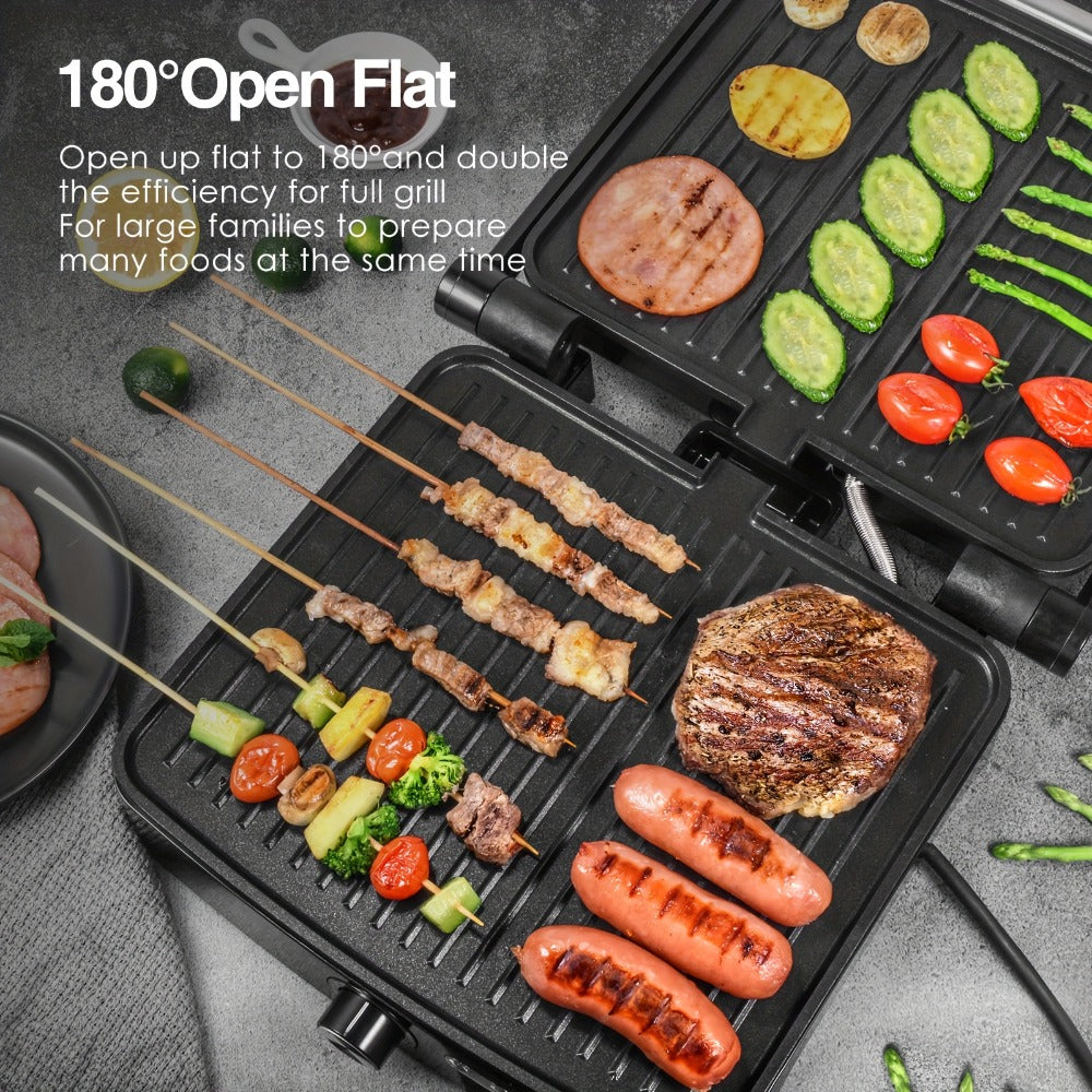 Panini Press Sandwich Maker 1200W, 4-Slice Non-Stick Grill with 180° Opening Adjustable Temperature 120-428°F & Removable Drip Tray