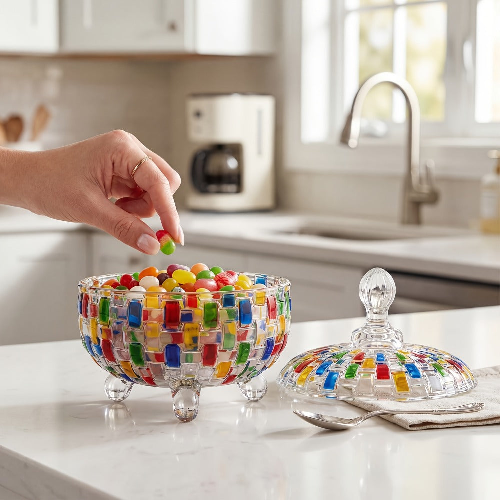 Crystal Glass Candy Dish with Lid & Tongs – Hand-Painted Colorful Candy Box, Jewelry Storage Jar, Christmas Gift for Family & Friends |