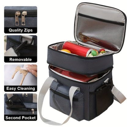 Double-Layer Lunch Bag Tote with Upper and Lower Compartments, Shoulder Strap and Four Colors