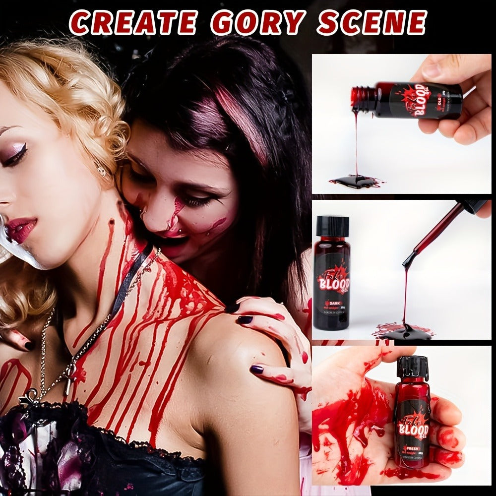 Fake Blood Makeup Kit 3pcs SFX Paste with Brush – Realistic Fresh Dark & Old Blood Special Effects Makeup for Halloween Zombie Vampire