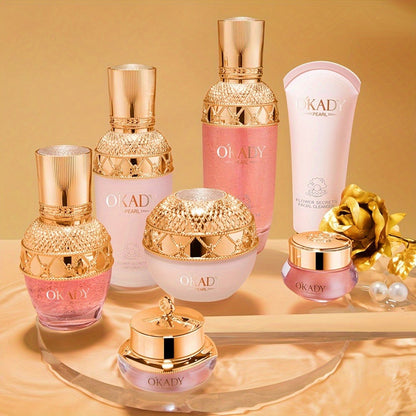 7-Piece Pearl-Themed Skincare Gift Set with Coordinated Facial-Care Bottles and Jars in a Fitted Box