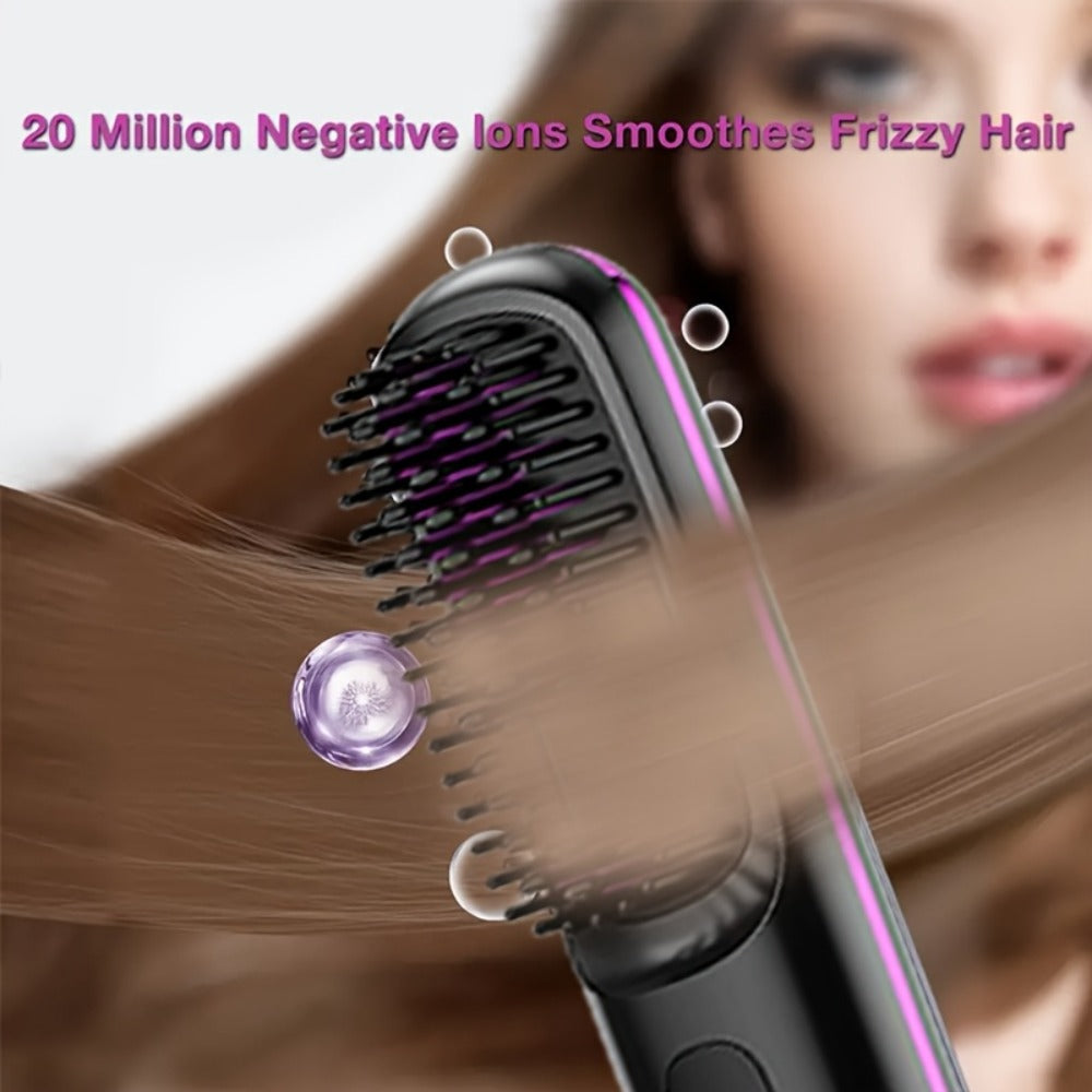 Compact Rechargeable Straightening Brush in Black or White with Display, Comb and USB Cable