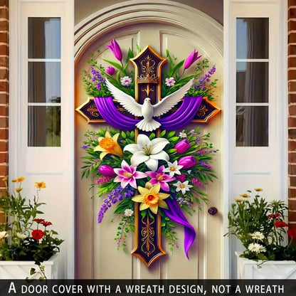 Easter Door Curtain Decoration 35.4x70.8 Inch, Colorful Spring Door Hanging with Dove Floral Cross Pattern