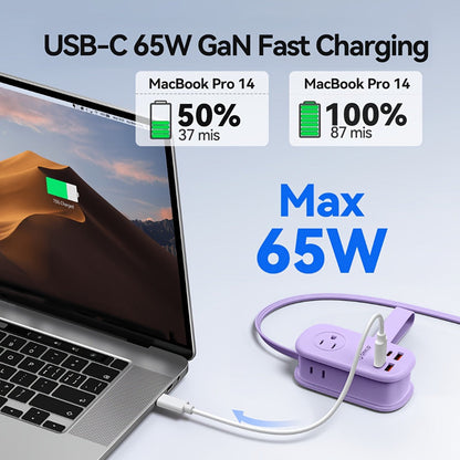 GaN 65W Portable Power Strip Fast Charging - 3 AC Outlets, 2 USB-C & 2 USB-A Ports, Flat Plug, 50-inch Cable