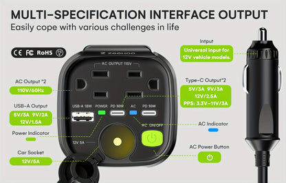 Black 150W Vertical Car Power Inverter with Two 110V AC Outlets, USB-A and USB-C Ports for Vehicles