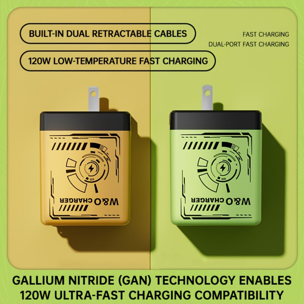 GaN Wall Charger 120W Fast with Retractable Built-In Cable & Foldable Plug for an Everyday Personal Care Routine