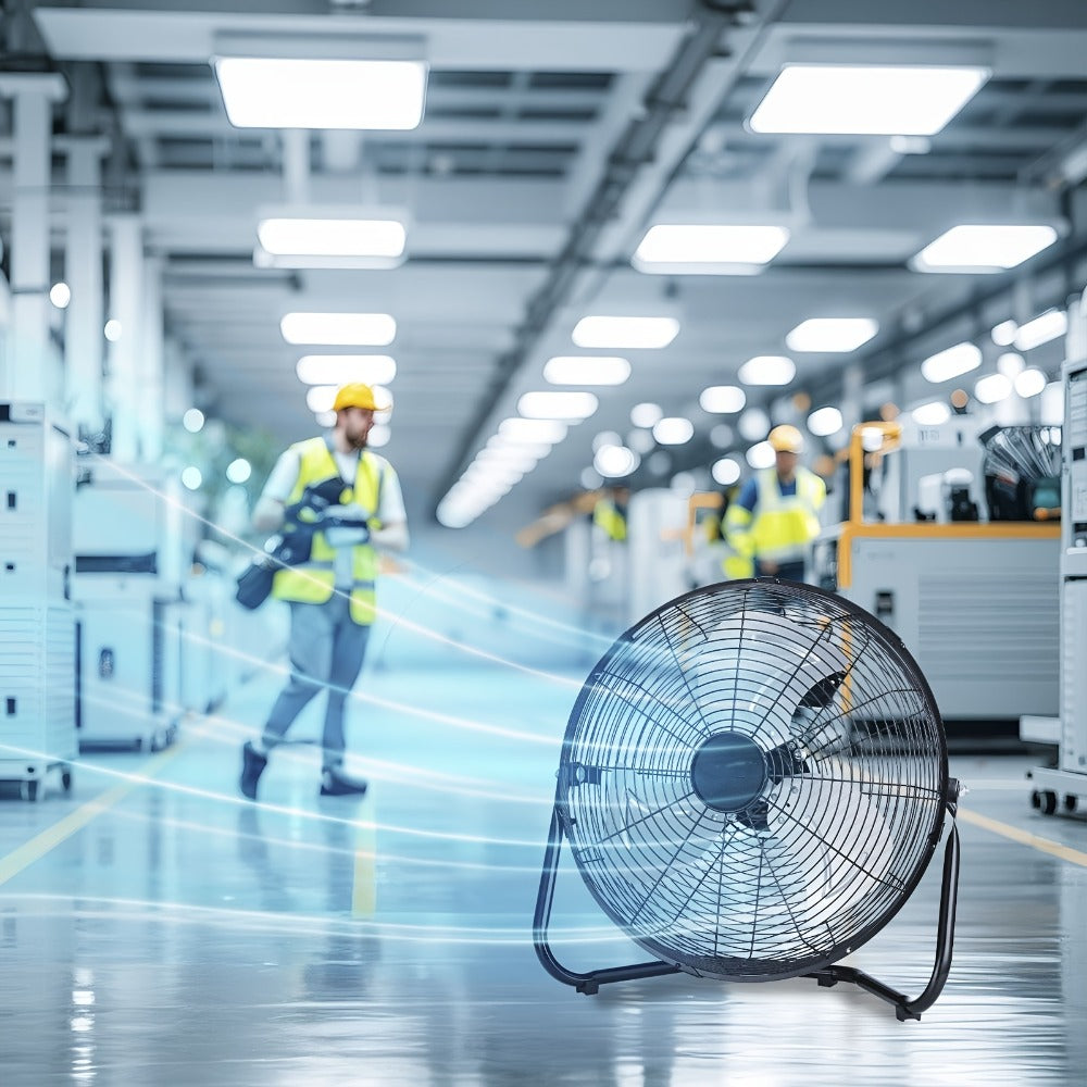 Industrial Floor Fan, Metal Stand Fan with 3 Speed Settings & 360° Tilt, High Velocity Airflow for Warehouse