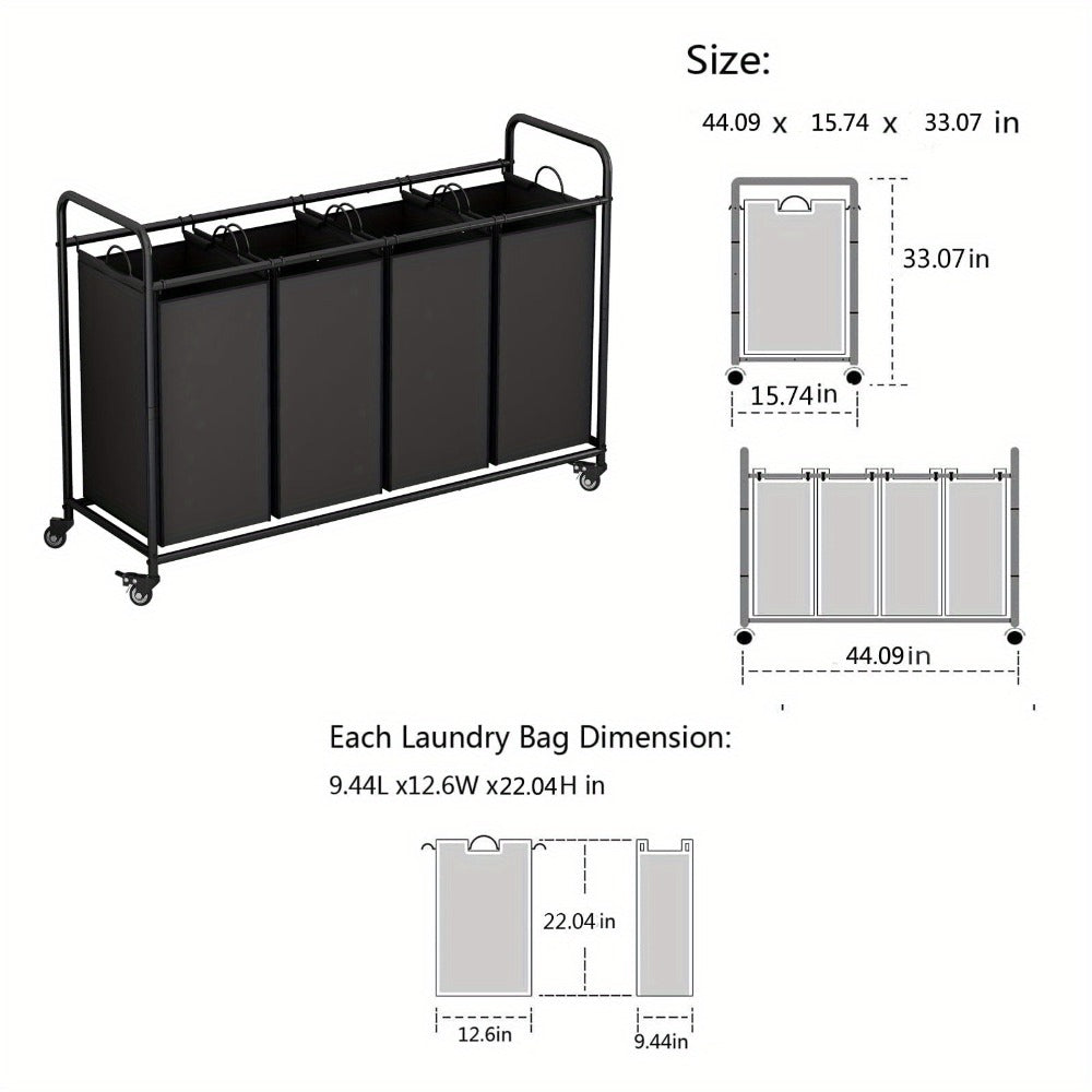 Rolling Laundry Sorter Hamper with Four Removable Fabric Bags, Caster Wheels and Four Color Configurations