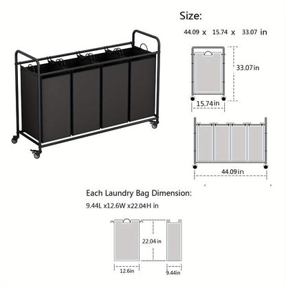 Rolling Laundry Sorter Hamper with Four Removable Fabric Bags, Caster Wheels and Four Color Configurations