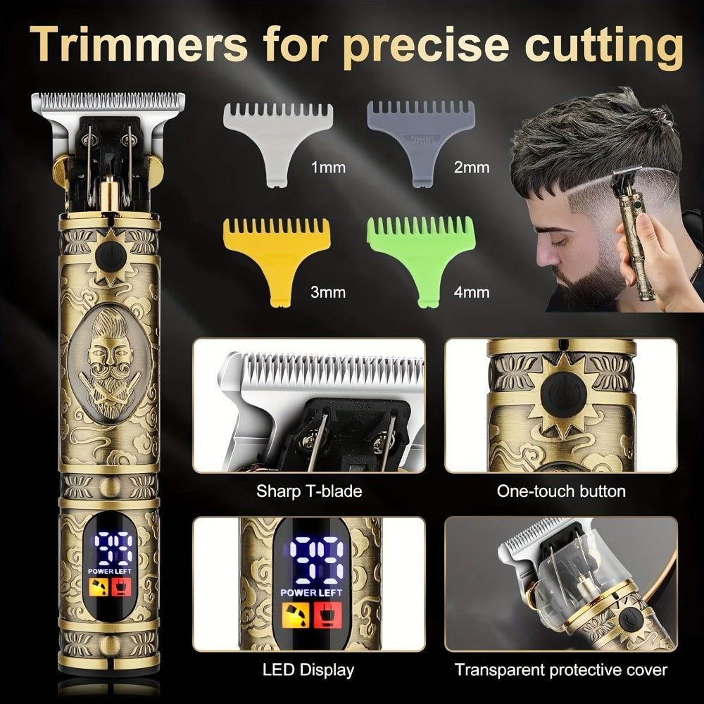 Cordless Hair Clipper & Trimmer Kit for Men – Professional Rechargeable Grooming Set, Golden Edition, Wireless Fade Clipper with USB Charge