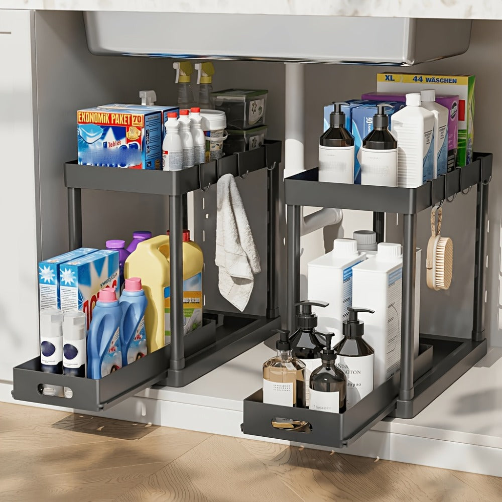 Under Sink Storage Organizer 2-Piece Double-Tier Sliding Basket with 8 Hooks in Four Color Styles