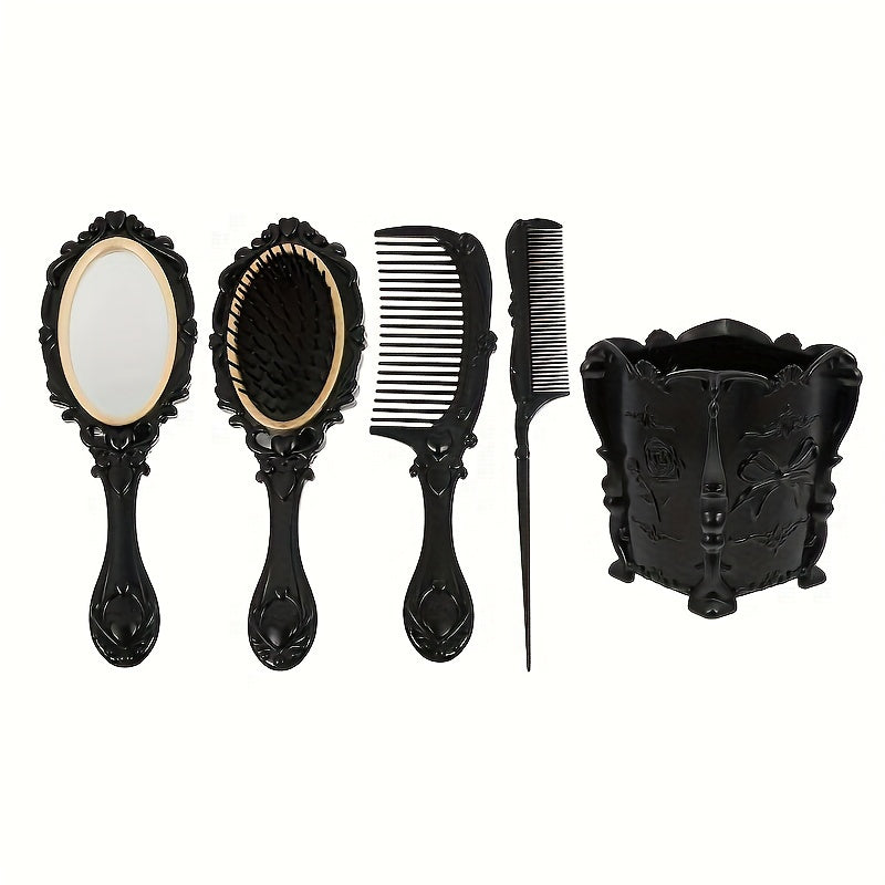 Retro Hair Comb Set with Mirror Scalp Massage Hairbrush Pocket Mirror Vintage Vanity Brush Set for Women Girls Travel Daily Grooming Makeup