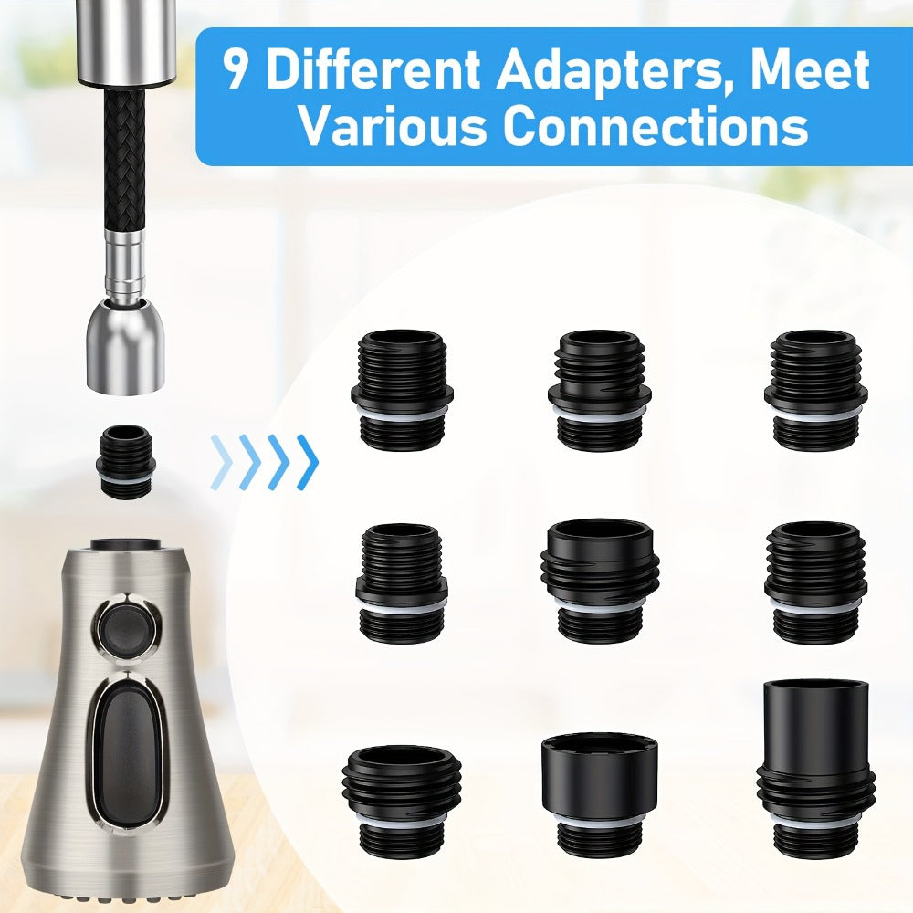 Kitchen Faucet Sprayer Head 3 Function Pull Down Replacement with 9 Adapter Kit Stream Spray for Home Plumbing Maintenance and Repair