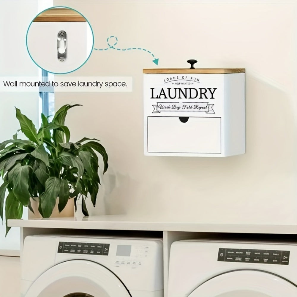 Dryer Sheet Holder with Drawer & Lid, Farmhouse Wood Laundry Pod Dispenser, Wall Mount or Countertop Organizer for Laundry Room Storage