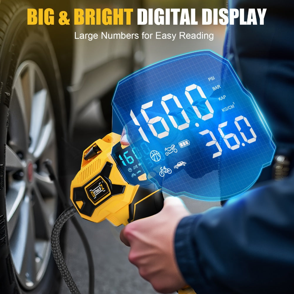 Cordless Tire Inflator 160PSI Portable Air Compressor Compatible with DeWalt 20V / 18V Battery, Digital Pressure Gauge