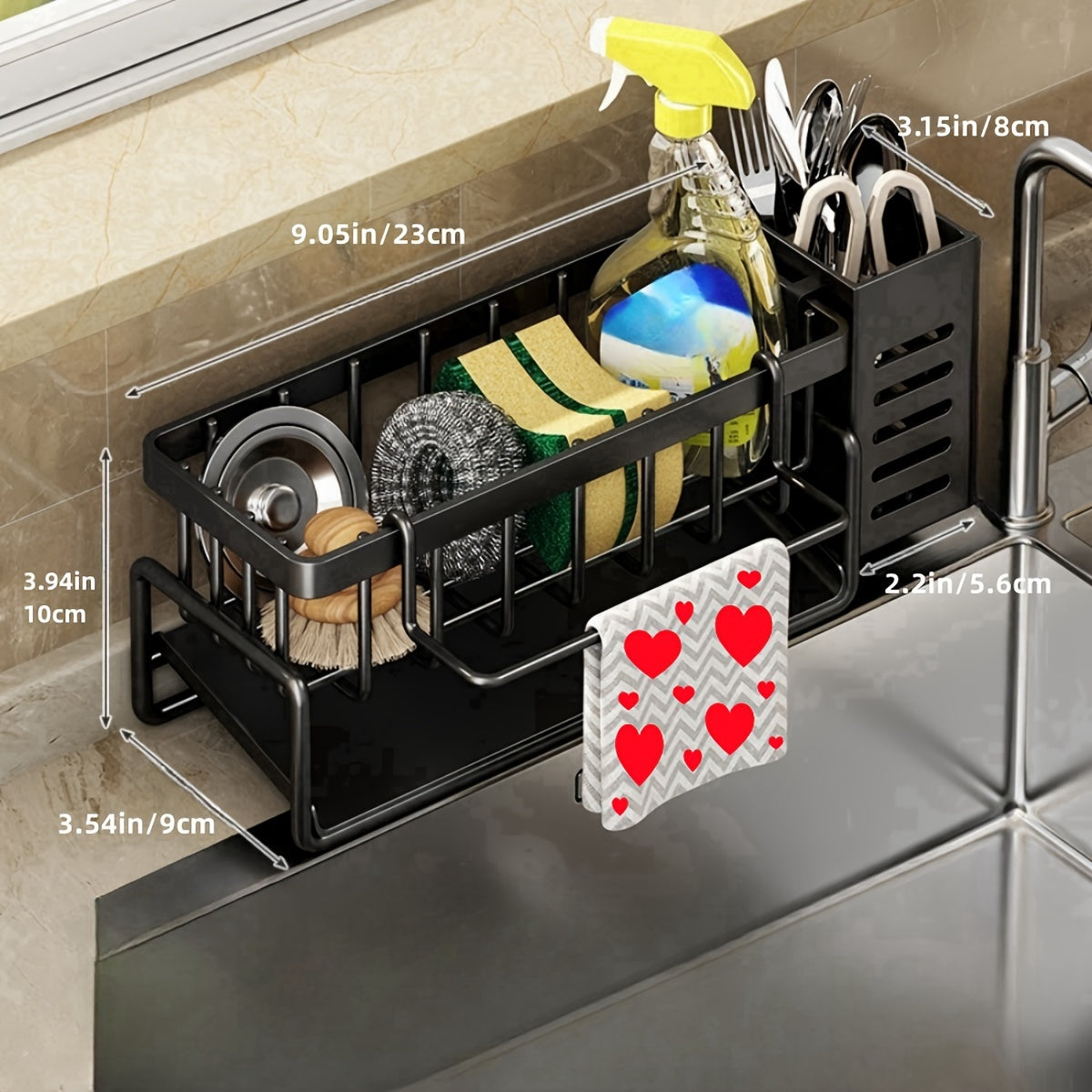 Kitchen Sink Organizer Sponge Holder with Self-Draining Tray Removable Rag Rod Carbon Steel for Home Cooking, Dining and Outdoor Meals